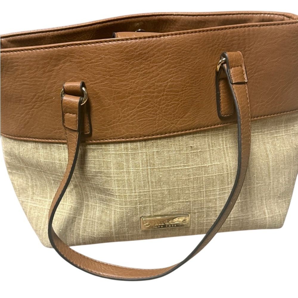Nicole Miller Tan Sparkly Linen & Faux Leather Laser-Cut Tote Handbag - Picture 6 of 14